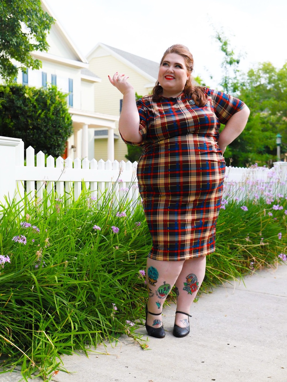 Plaid Midi Wiggle Dress in Tan and Red - Classic Comfortable Fit - Picture 1 of 4